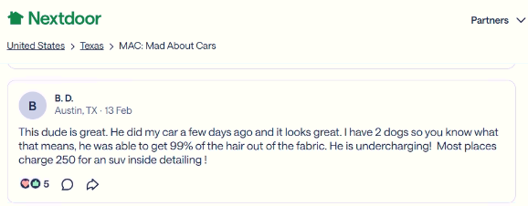 Premium hand car wash for SUVs and Trucks in Austin TX: Verified customer review for meticulous exterior cleaning and interior care