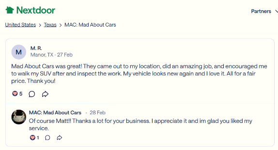 5-star Manor TX customer review for professional mobile cars detailing and ceramic coating